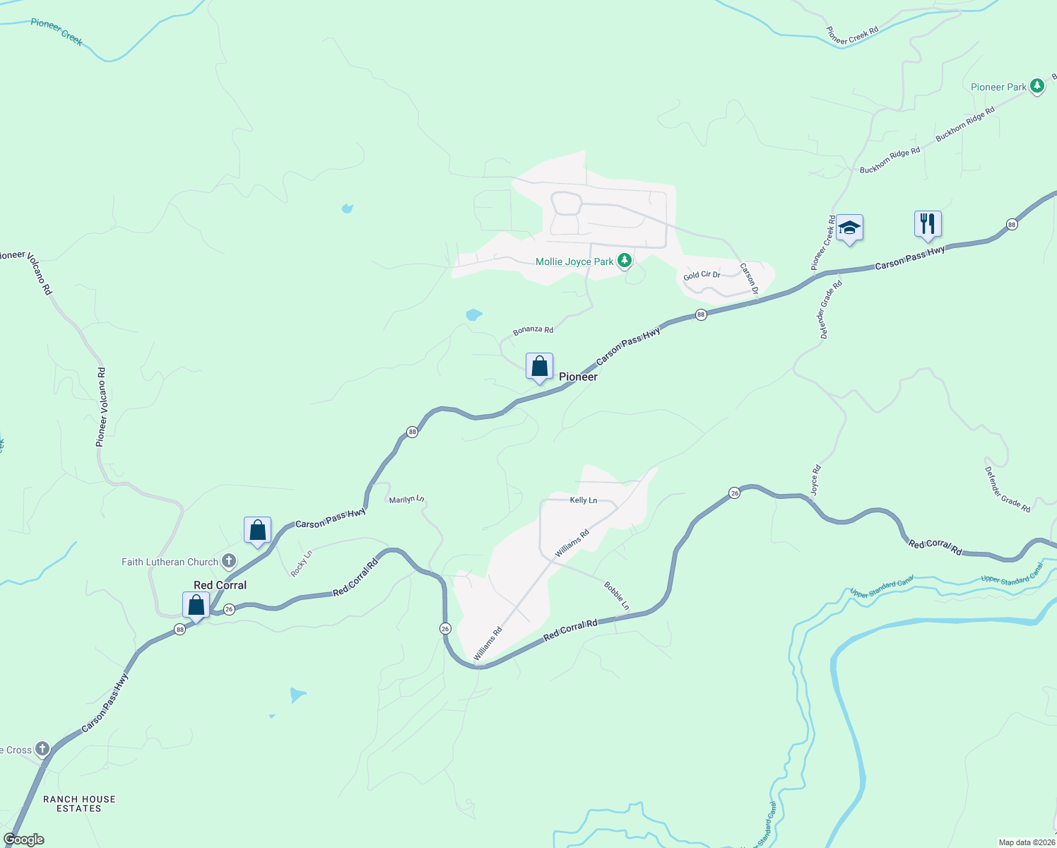 map of restaurants, bars, coffee shops, grocery stores, and more near 23548 Robin Road in Pioneer