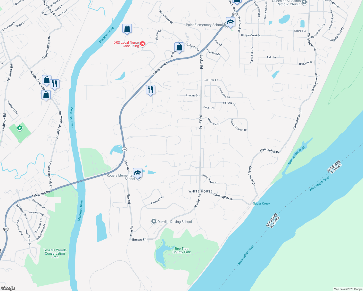 map of restaurants, bars, coffee shops, grocery stores, and more near 3041 Silver Bow Court in St. Louis