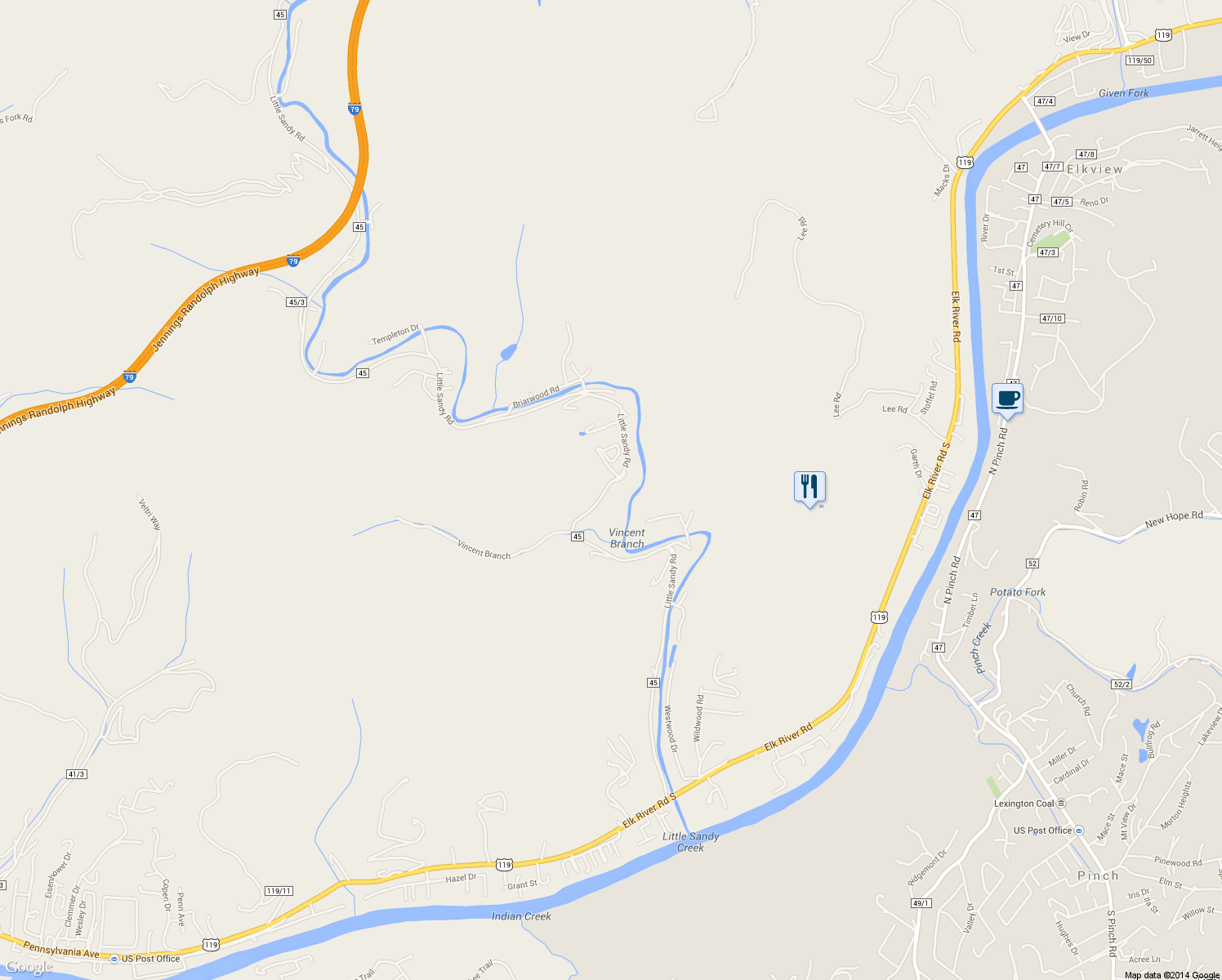 map of restaurants, bars, coffee shops, grocery stores, and more near 5961 Little Sandy Road in Elkview