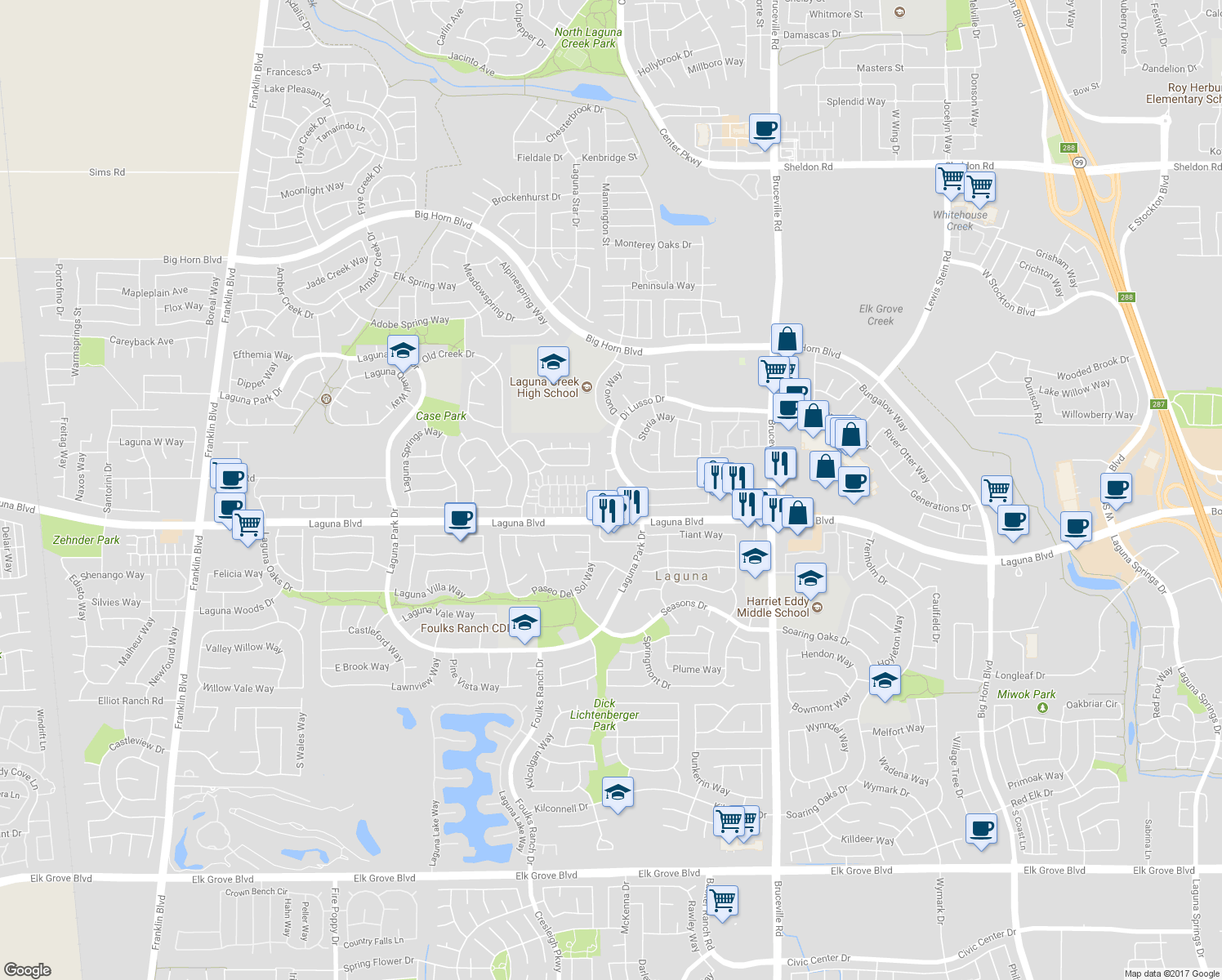 map of restaurants, bars, coffee shops, grocery stores, and more near 9177 Cerrolinda Cir in Elk Grove