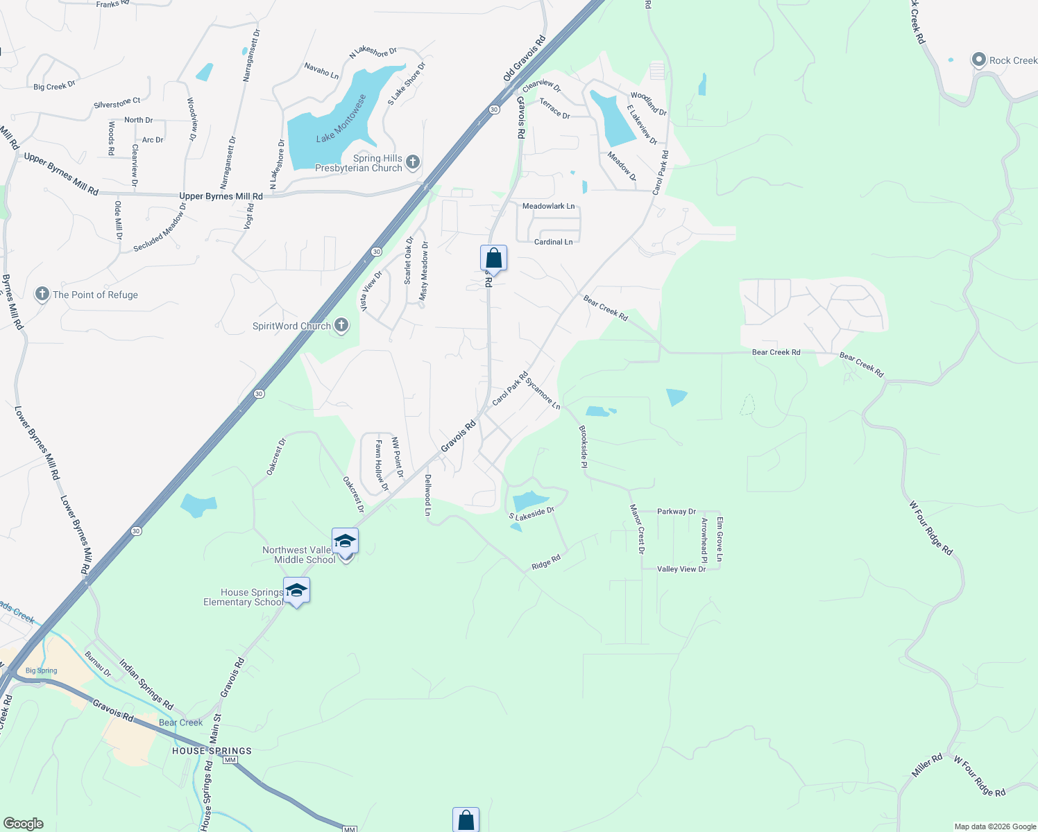 map of restaurants, bars, coffee shops, grocery stores, and more near 4025 Birch Drive in House Springs