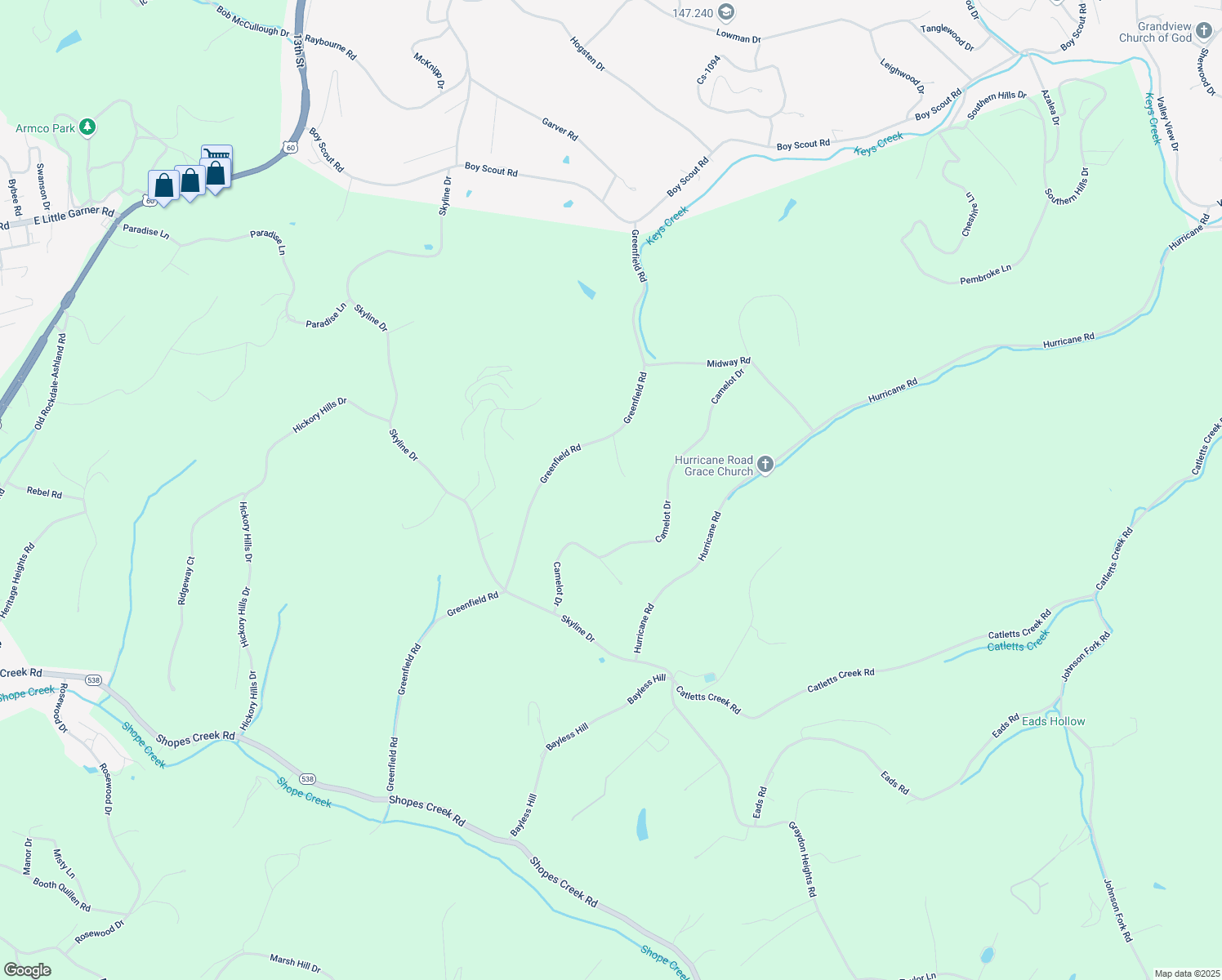map of restaurants, bars, coffee shops, grocery stores, and more near 6037 Greenfield Road in Ashland
