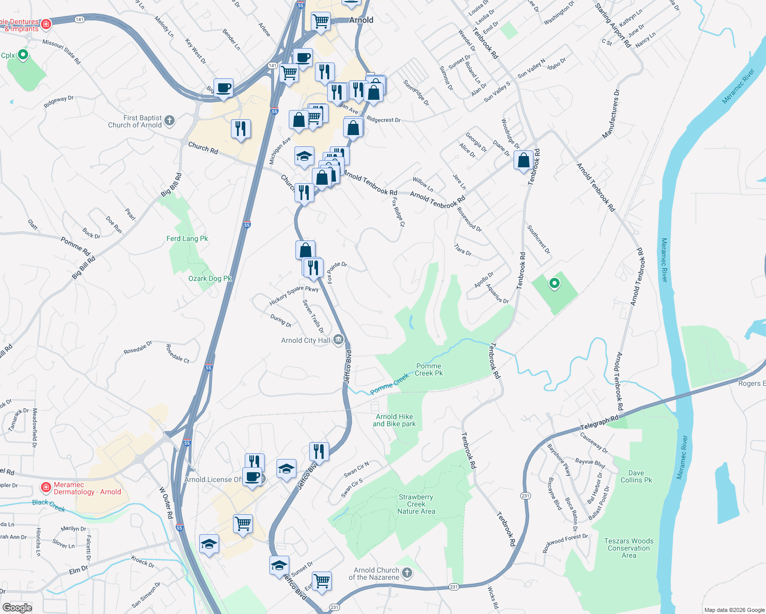 map of restaurants, bars, coffee shops, grocery stores, and more near 2807 Fox Meadow Lane in Arnold
