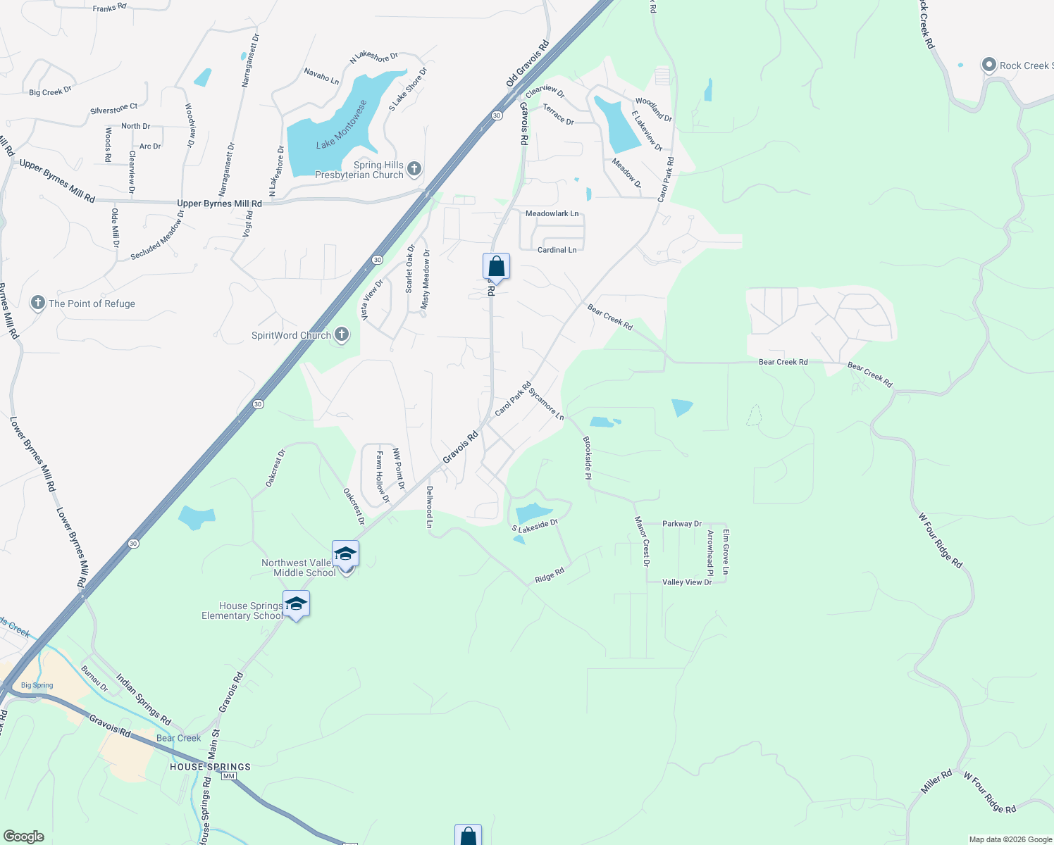 map of restaurants, bars, coffee shops, grocery stores, and more near 4025 Birch Drive in House Springs