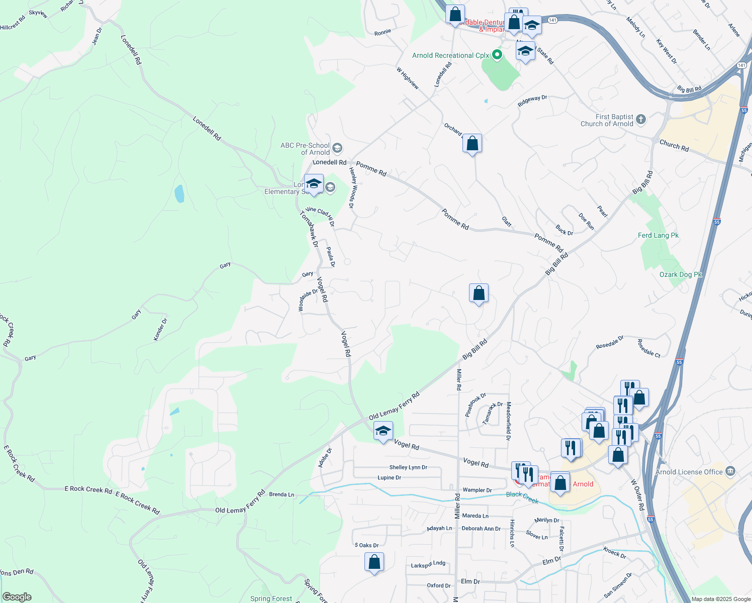 map of restaurants, bars, coffee shops, grocery stores, and more near 106 Caleb Court in Arnold