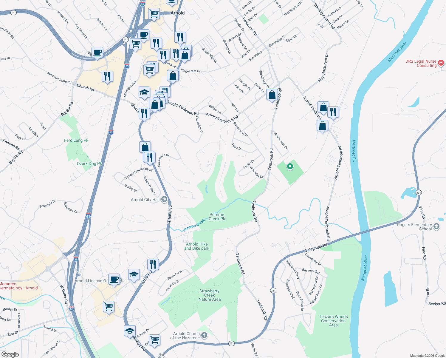 map of restaurants, bars, coffee shops, grocery stores, and more near 2784 Pomme Meadows Dr in Arnold