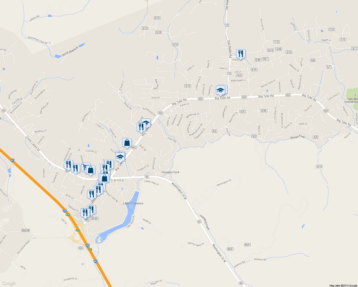 map of restaurants, bars, coffee shops, grocery stores, and more near 5211 Villa Pike in Charleston