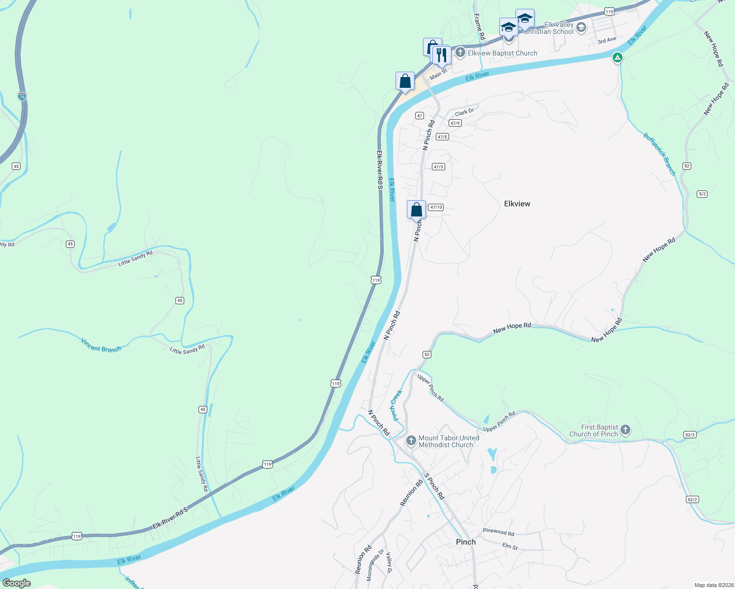 map of restaurants, bars, coffee shops, grocery stores, and more near 5019 Elk River Rd S in Elkview