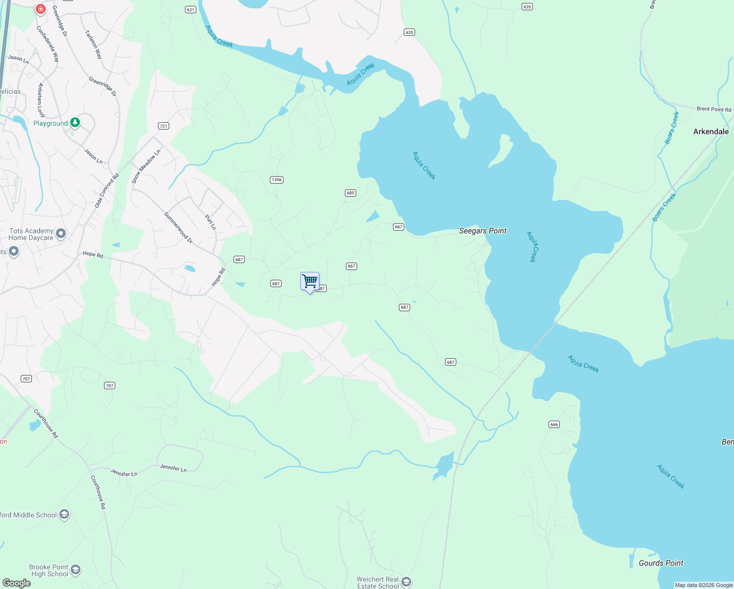 map of restaurants, bars, coffee shops, grocery stores, and more near 618 Hope Road in Stafford