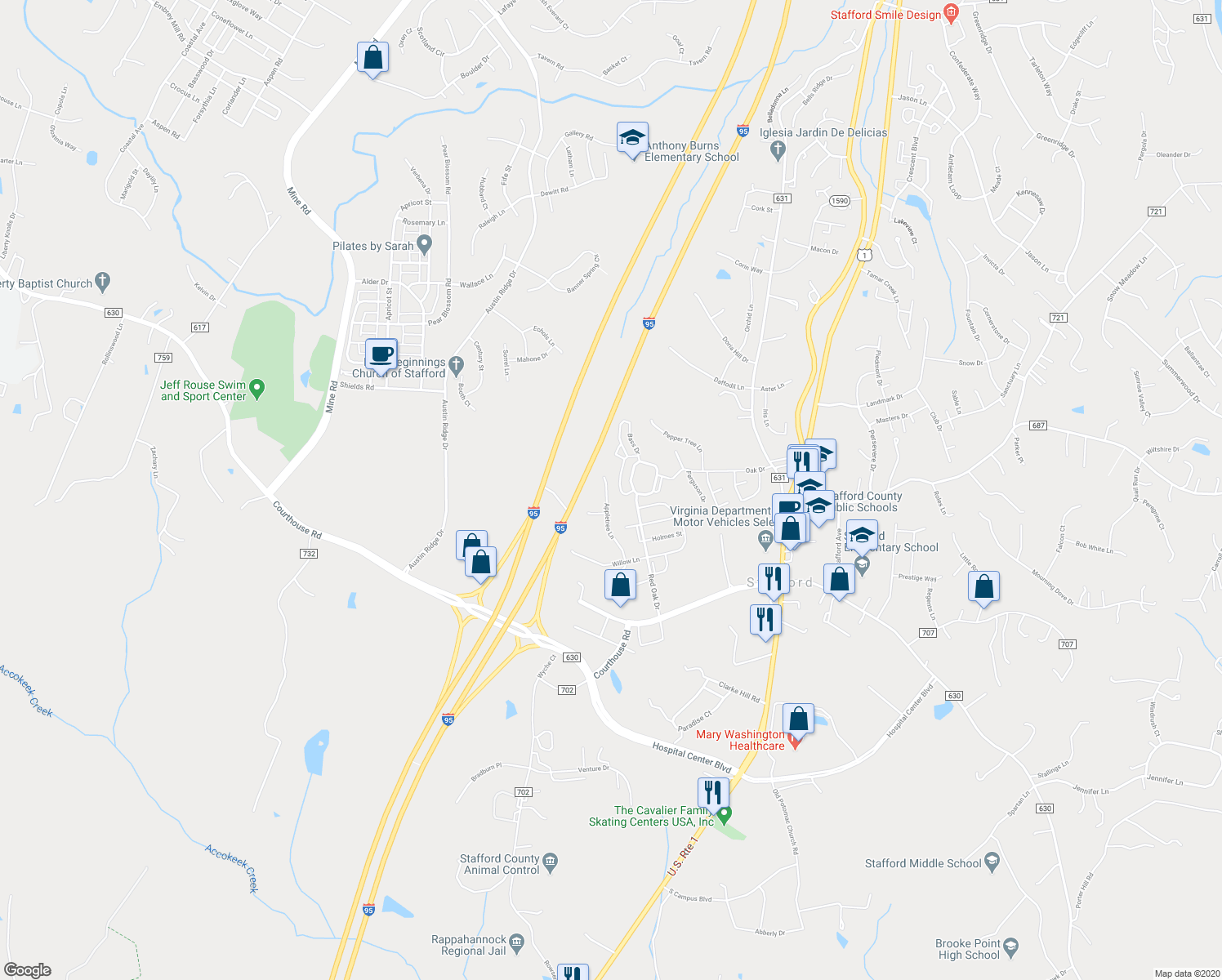 map of restaurants, bars, coffee shops, grocery stores, and more near 26 Appletree Lane in Stafford