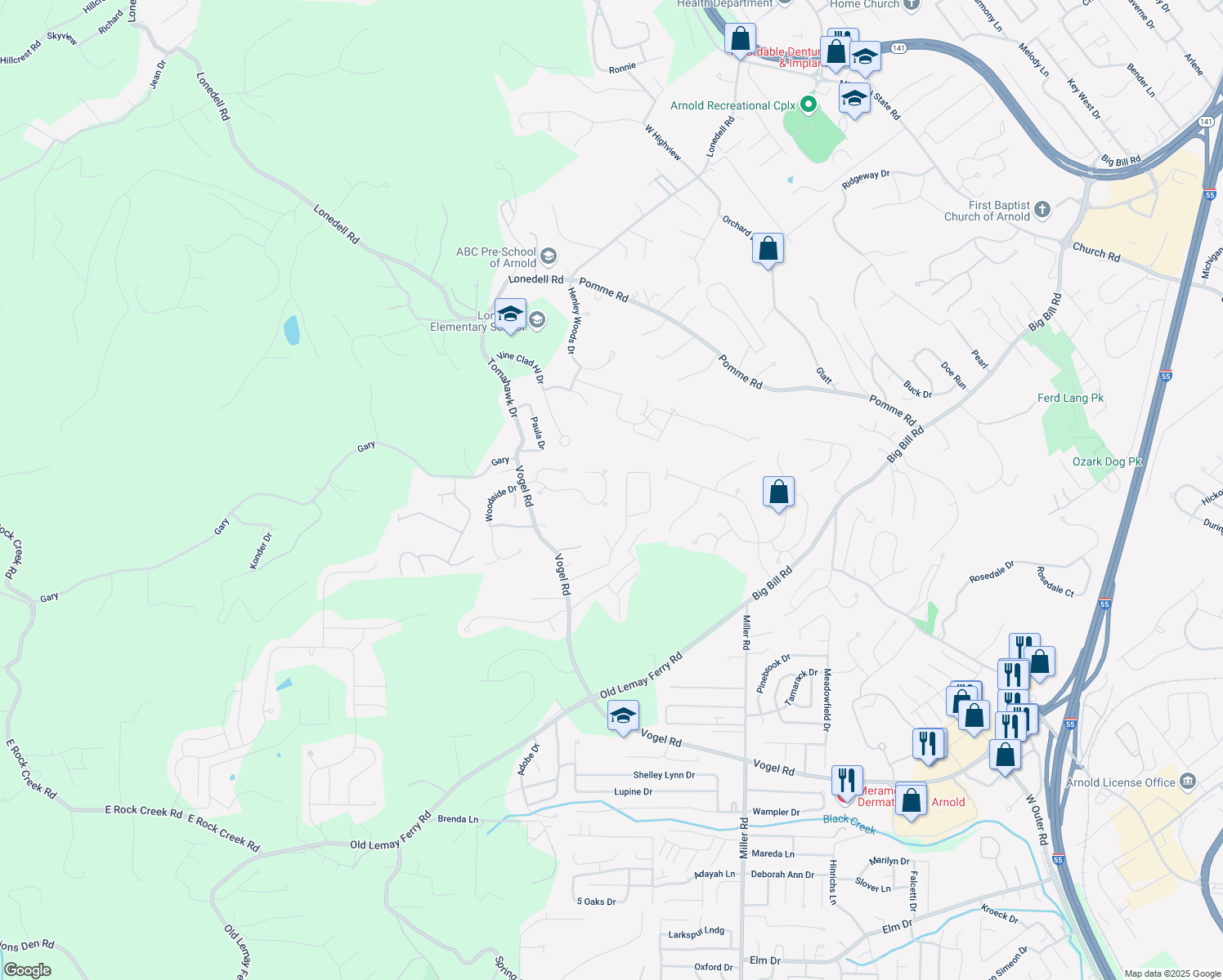 map of restaurants, bars, coffee shops, grocery stores, and more near 106 Caleb Court in Arnold