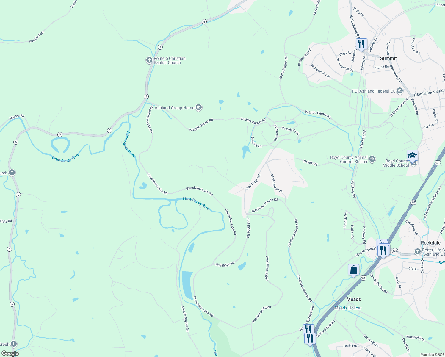 map of restaurants, bars, coffee shops, grocery stores, and more near 500-698 West Arrowhead Drive in Ashland