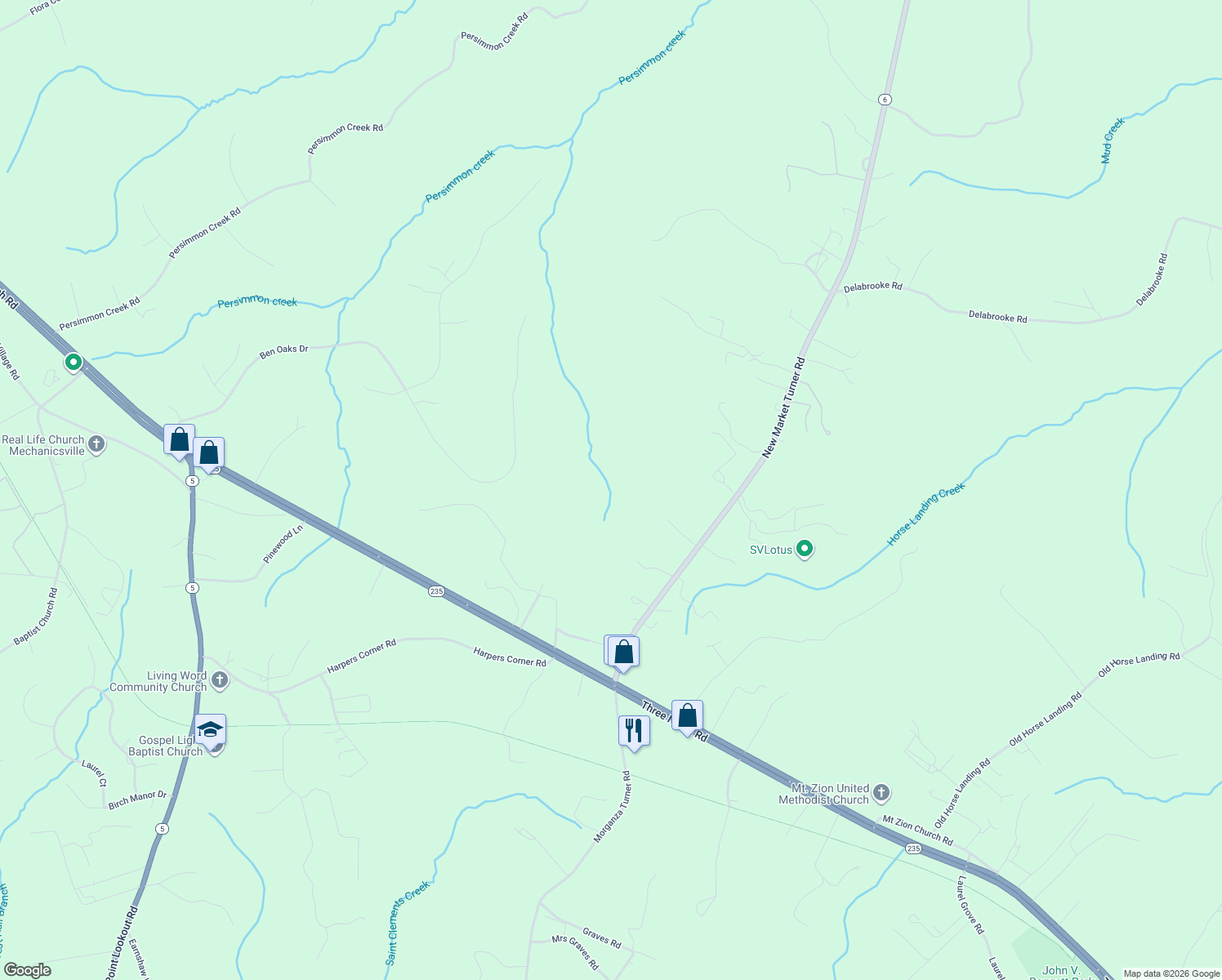map of restaurants, bars, coffee shops, grocery stores, and more near 41620 New Market Turner Road in Mechanicsville