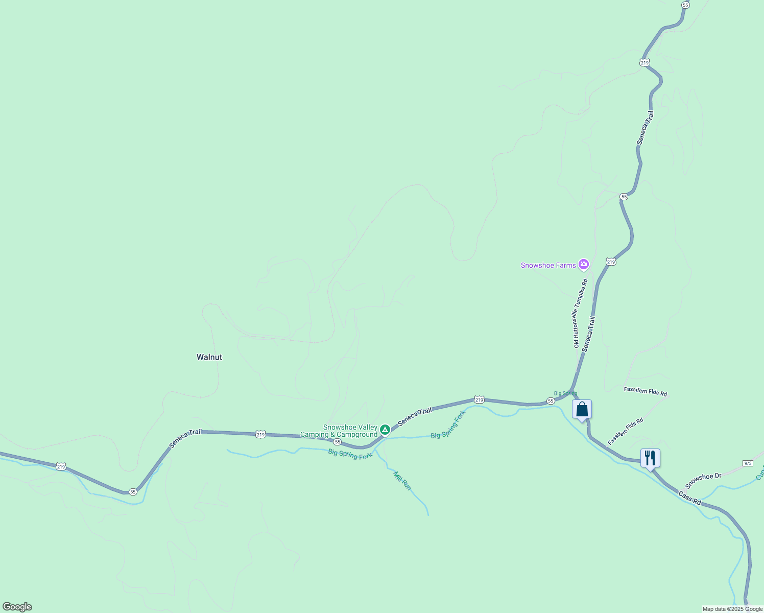 map of restaurants, bars, coffee shops, grocery stores, and more near Farm Road in Snowshoe