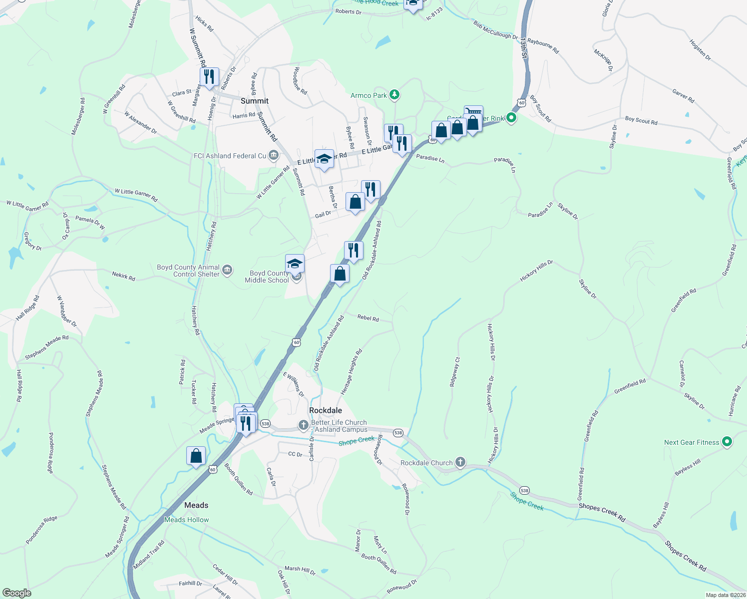 map of restaurants, bars, coffee shops, grocery stores, and more near 1799 Happy Hill Ct in Ashland