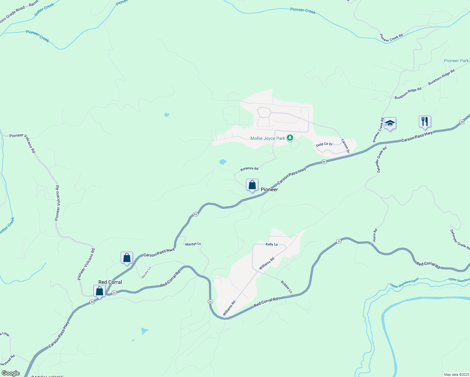 map of restaurants, bars, coffee shops, grocery stores, and more near 23407 California 88 in Pioneer
