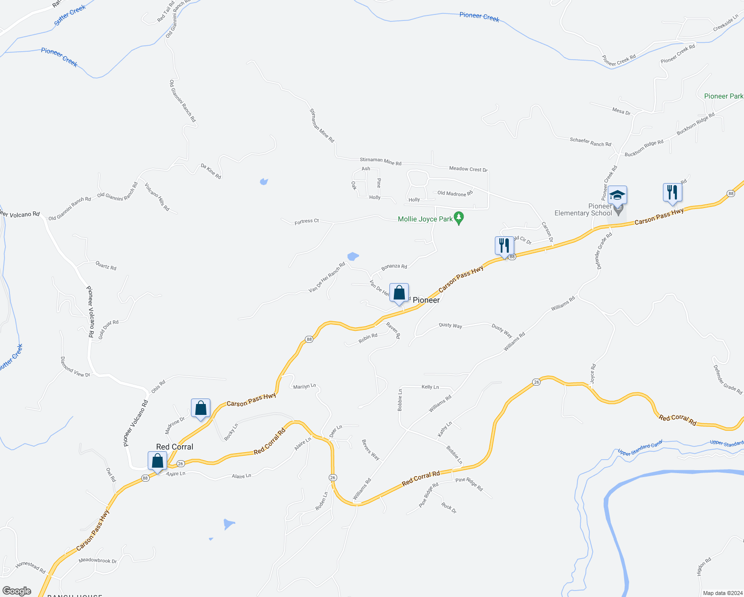 map of restaurants, bars, coffee shops, grocery stores, and more near 23407 California 88 in Pioneer