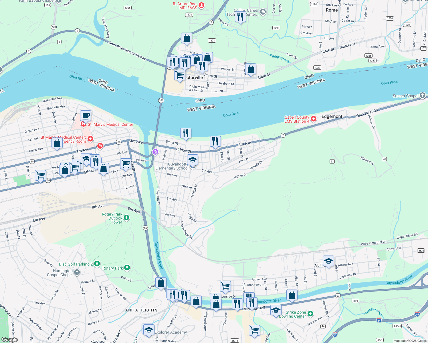 map of restaurants, bars, coffee shops, grocery stores, and more near 706 5th Ave in Huntington