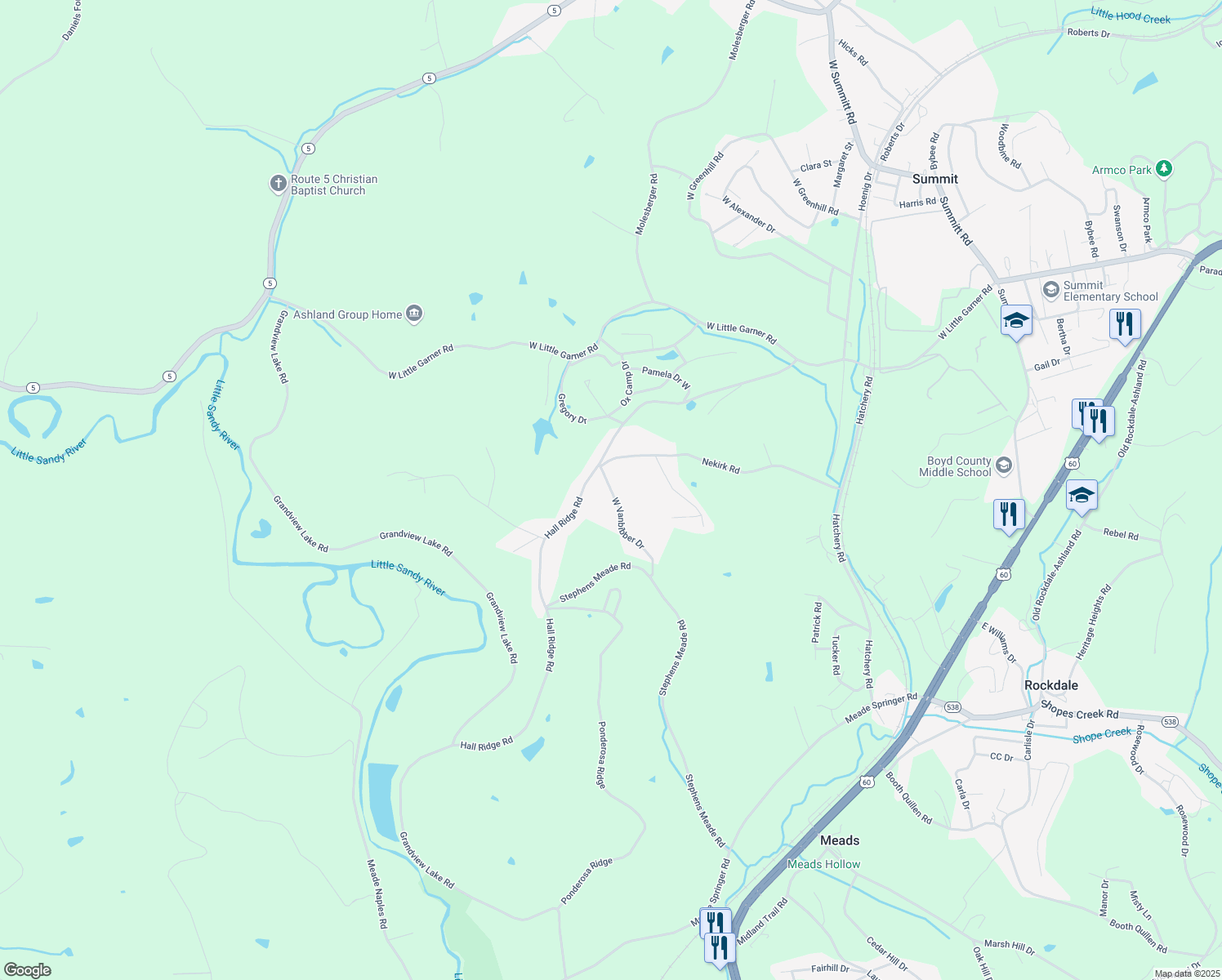 map of restaurants, bars, coffee shops, grocery stores, and more near 413 West Vanbibber Drive in Ashland