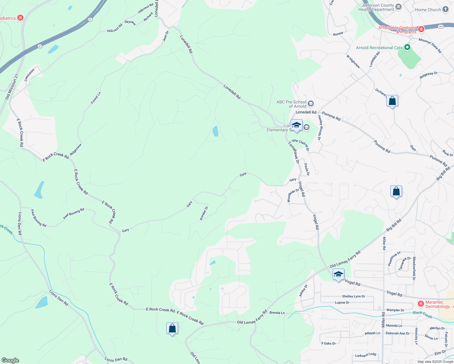 map of restaurants, bars, coffee shops, grocery stores, and more near 3889 Gary in Arnold