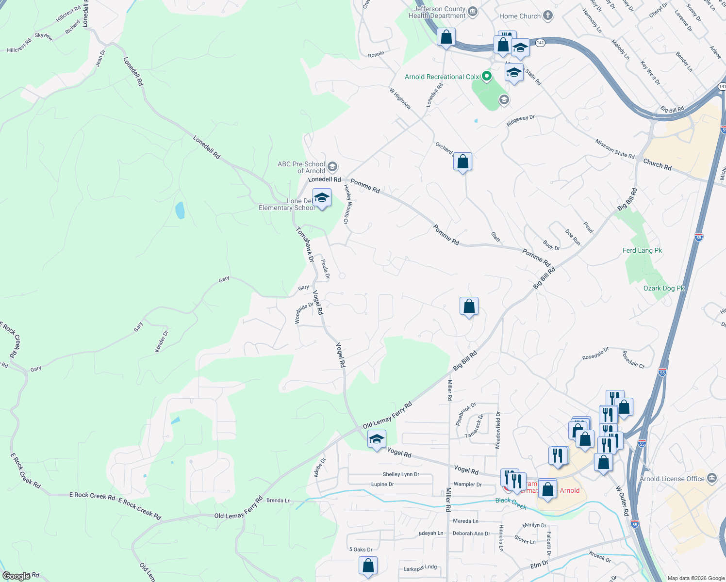 map of restaurants, bars, coffee shops, grocery stores, and more near 4 Caleb Circle in Arnold