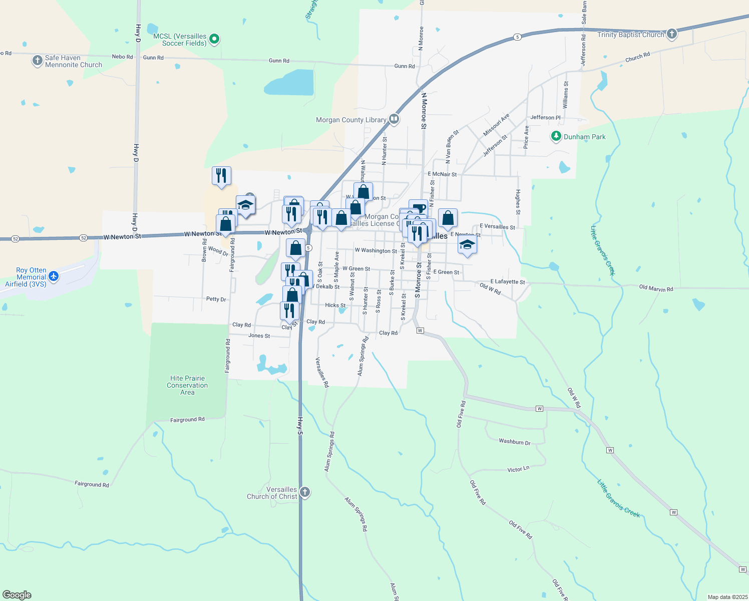 map of restaurants, bars, coffee shops, grocery stores, and more near 407 S Ross St in Versailles