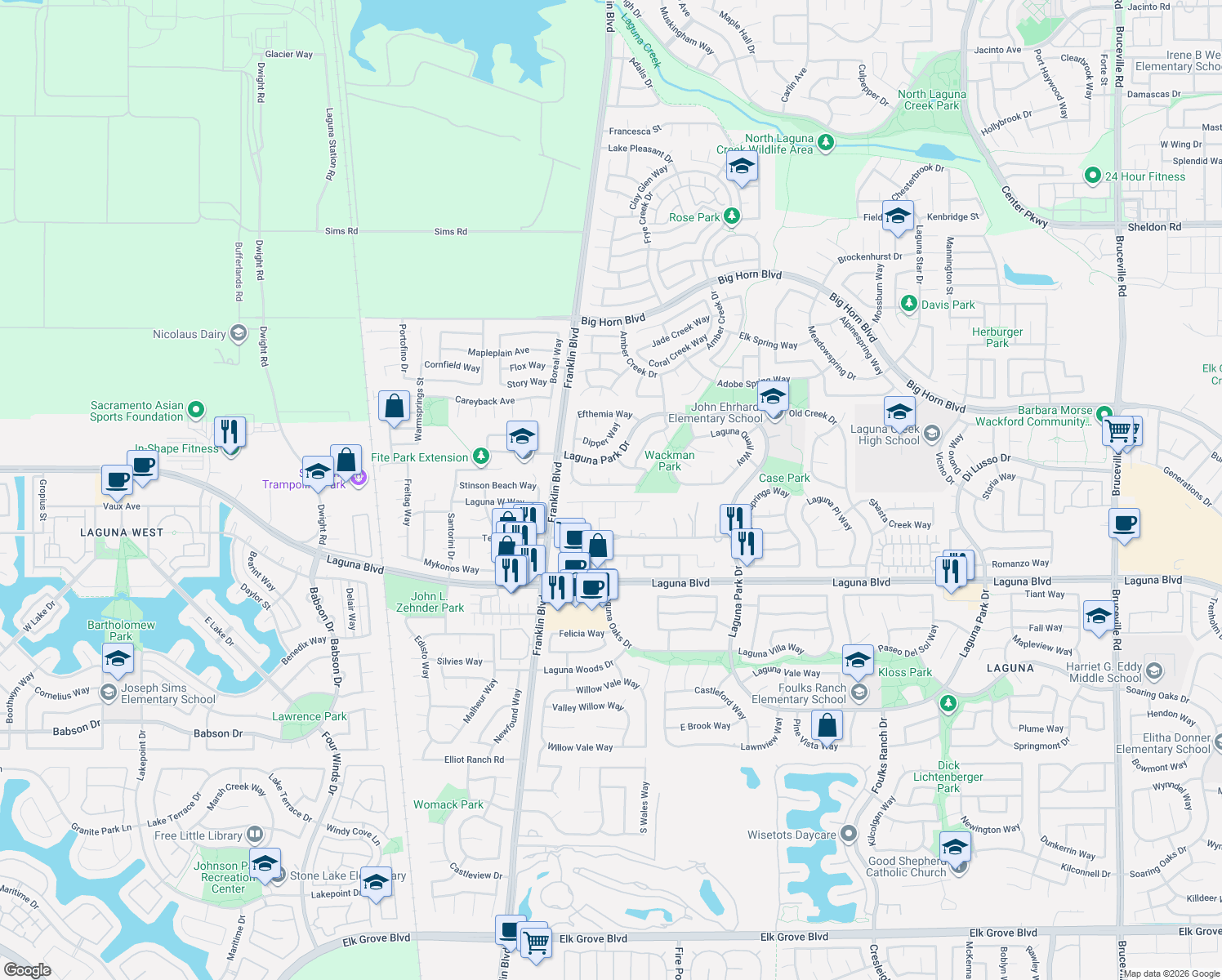 map of restaurants, bars, coffee shops, grocery stores, and more near 9088 Hamatani Court in Elk Grove