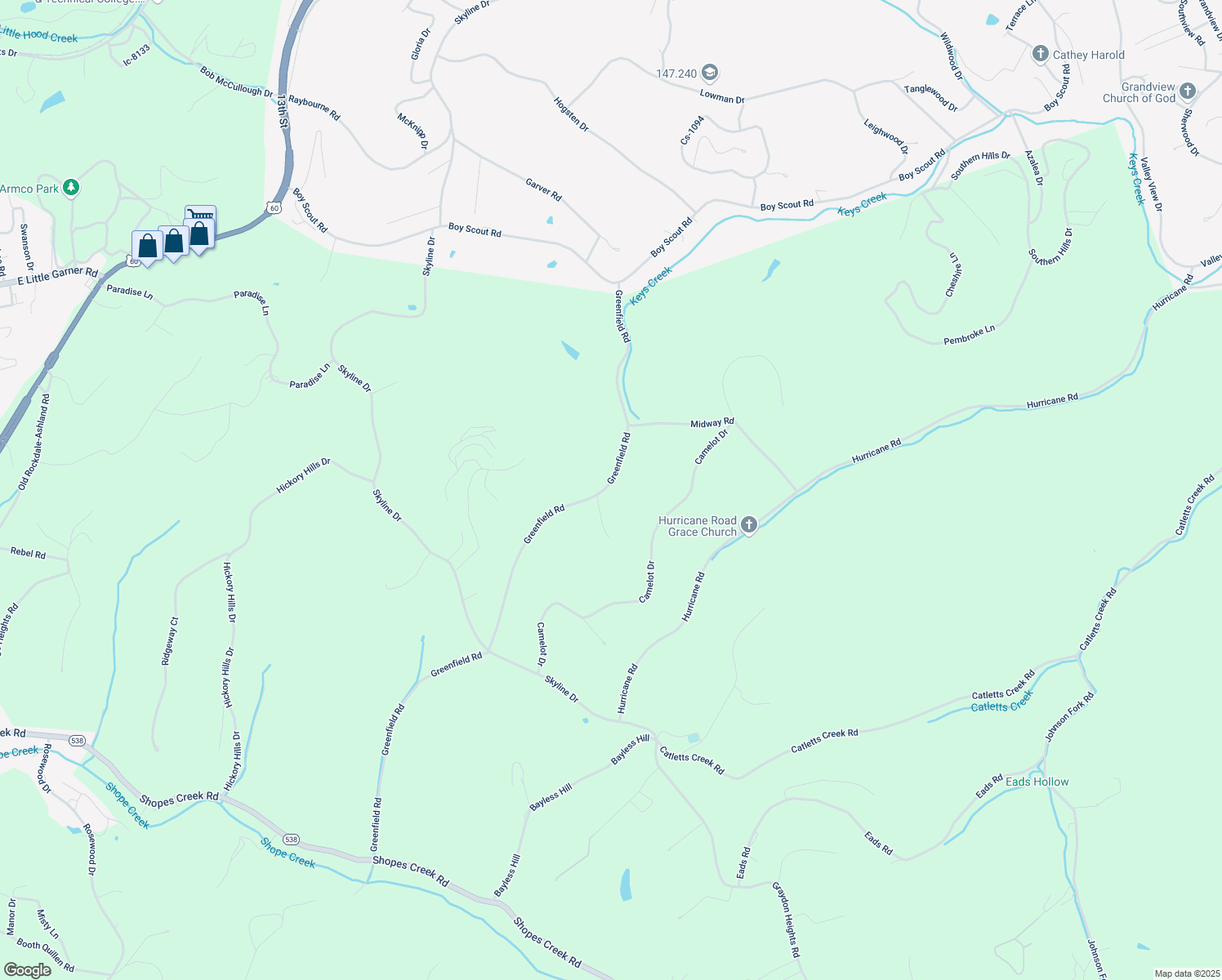map of restaurants, bars, coffee shops, grocery stores, and more near 6037 Greenfield Road in Ashland