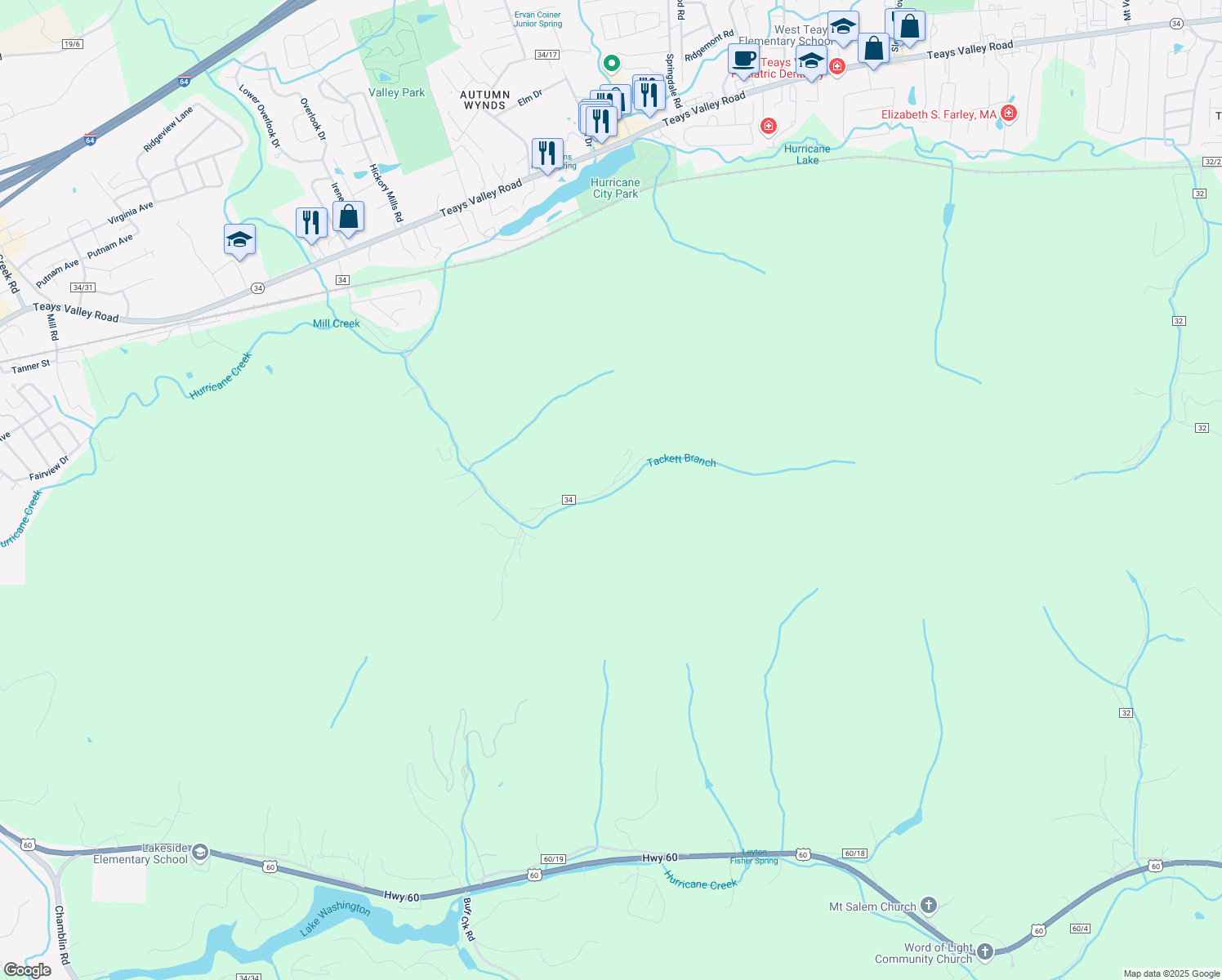 map of restaurants, bars, coffee shops, grocery stores, and more near 1236 Tackett Branch Road in Hurricane