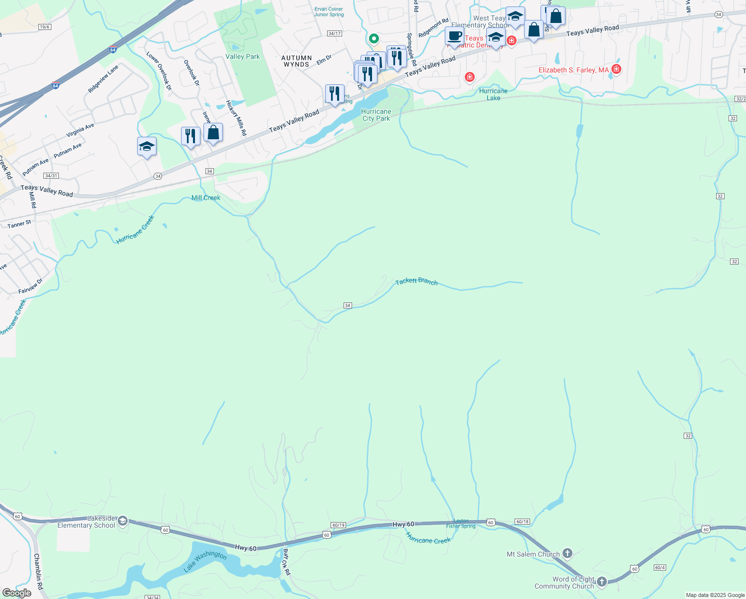 map of restaurants, bars, coffee shops, grocery stores, and more near 1236 Tackett Branch Road in Hurricane