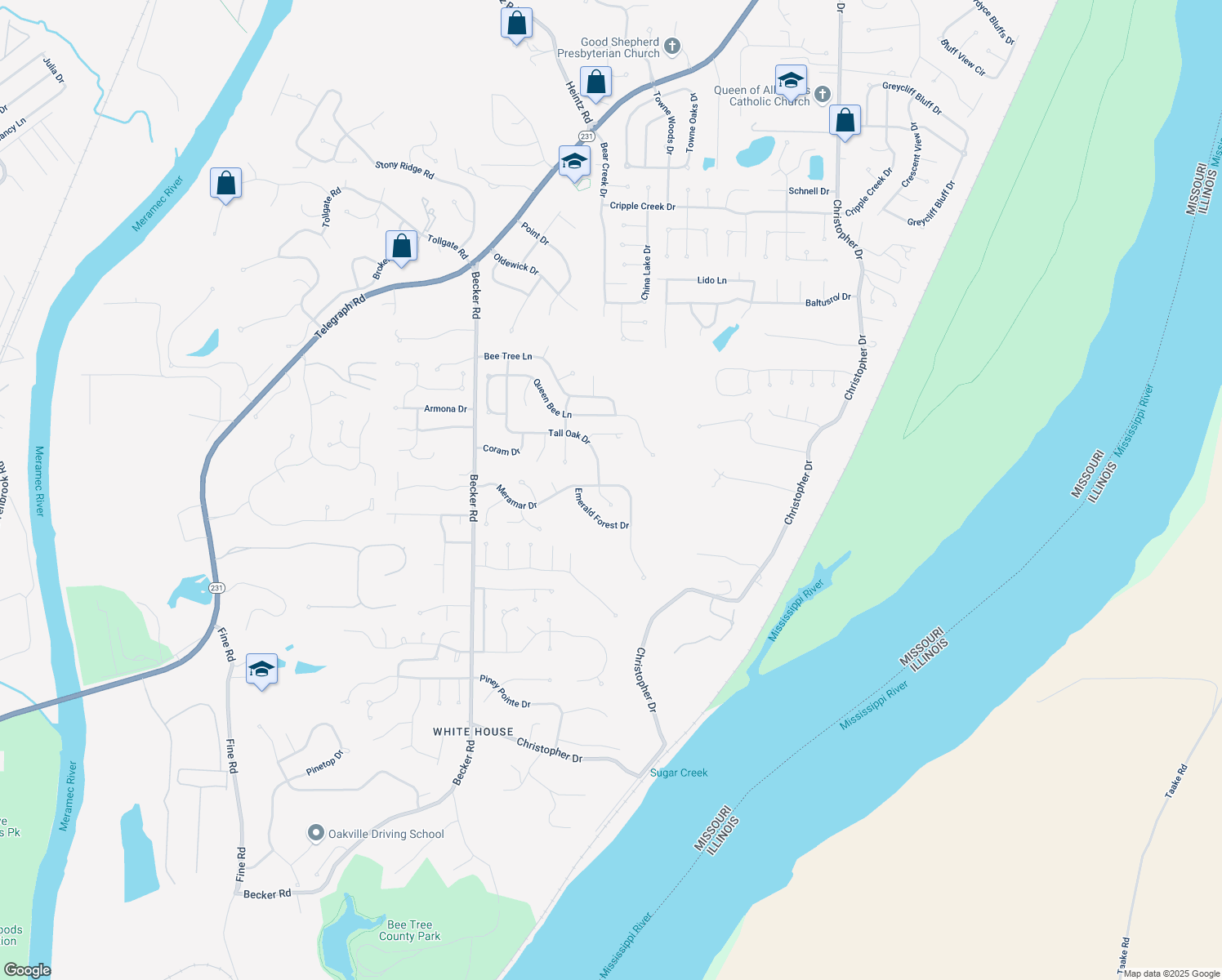map of restaurants, bars, coffee shops, grocery stores, and more near 2711 Meramar Drive in St. Louis