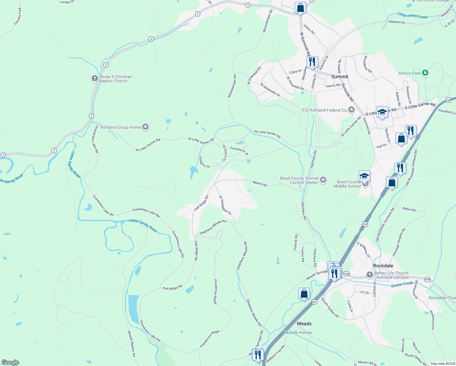 map of restaurants, bars, coffee shops, grocery stores, and more near 7317-7473 Nekirk Road in Ashland