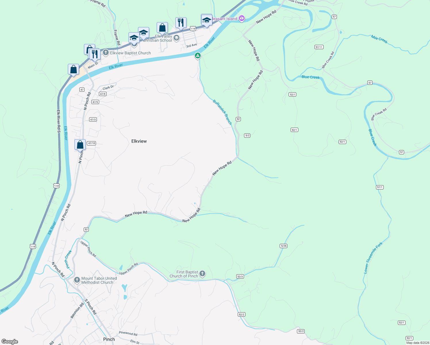 map of restaurants, bars, coffee shops, grocery stores, and more near 154 New Hope Road in Elkview