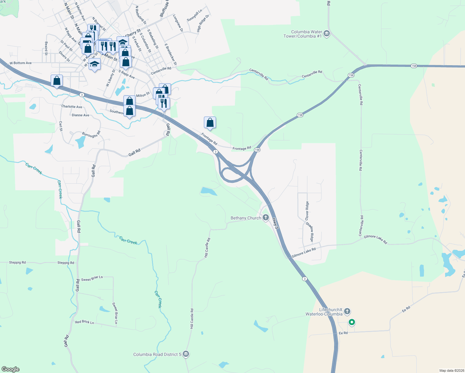 map of restaurants, bars, coffee shops, grocery stores, and more near 32 Lookout Drive in Columbia