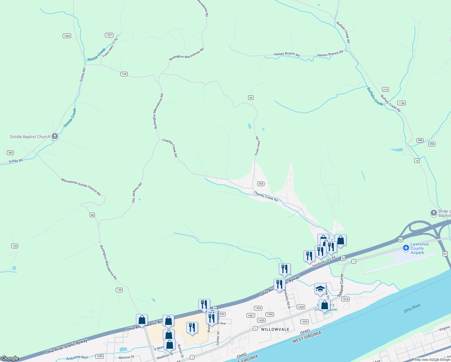 map of restaurants, bars, coffee shops, grocery stores, and more near 1740 County Road 144 in South Point