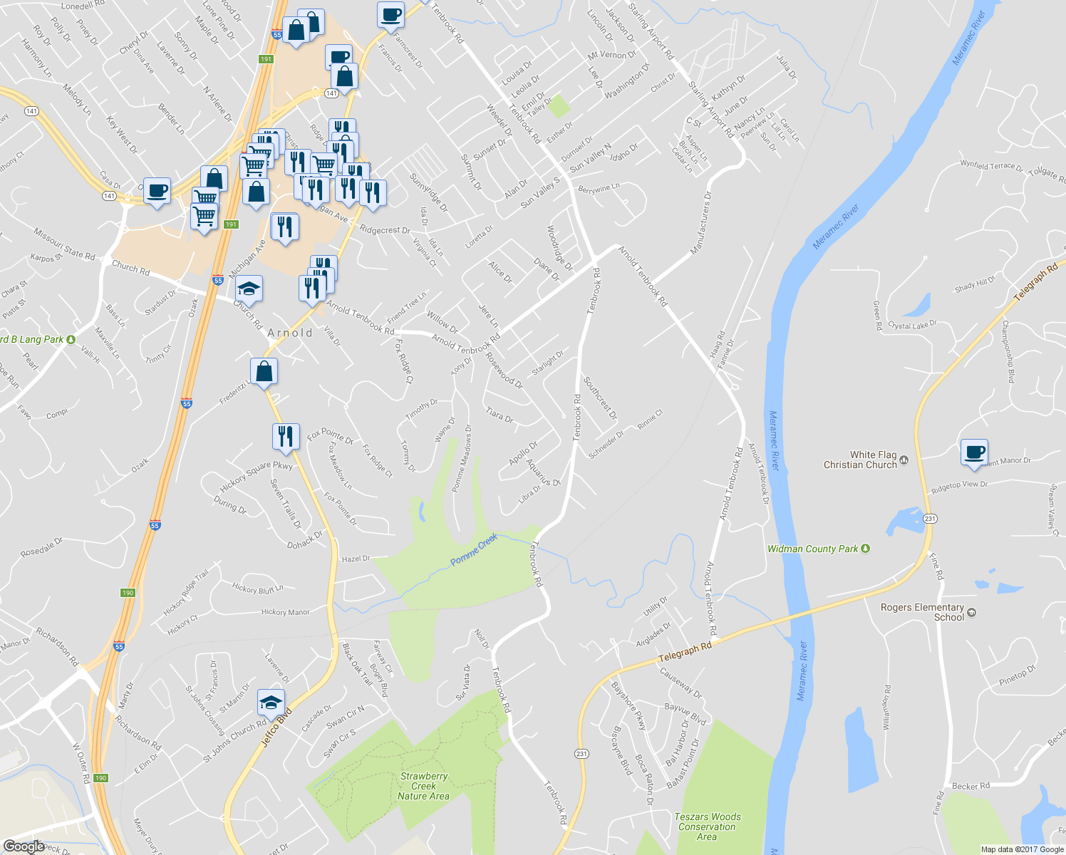 map of restaurants, bars, coffee shops, grocery stores, and more near 2813 Tiara Drive in Arnold