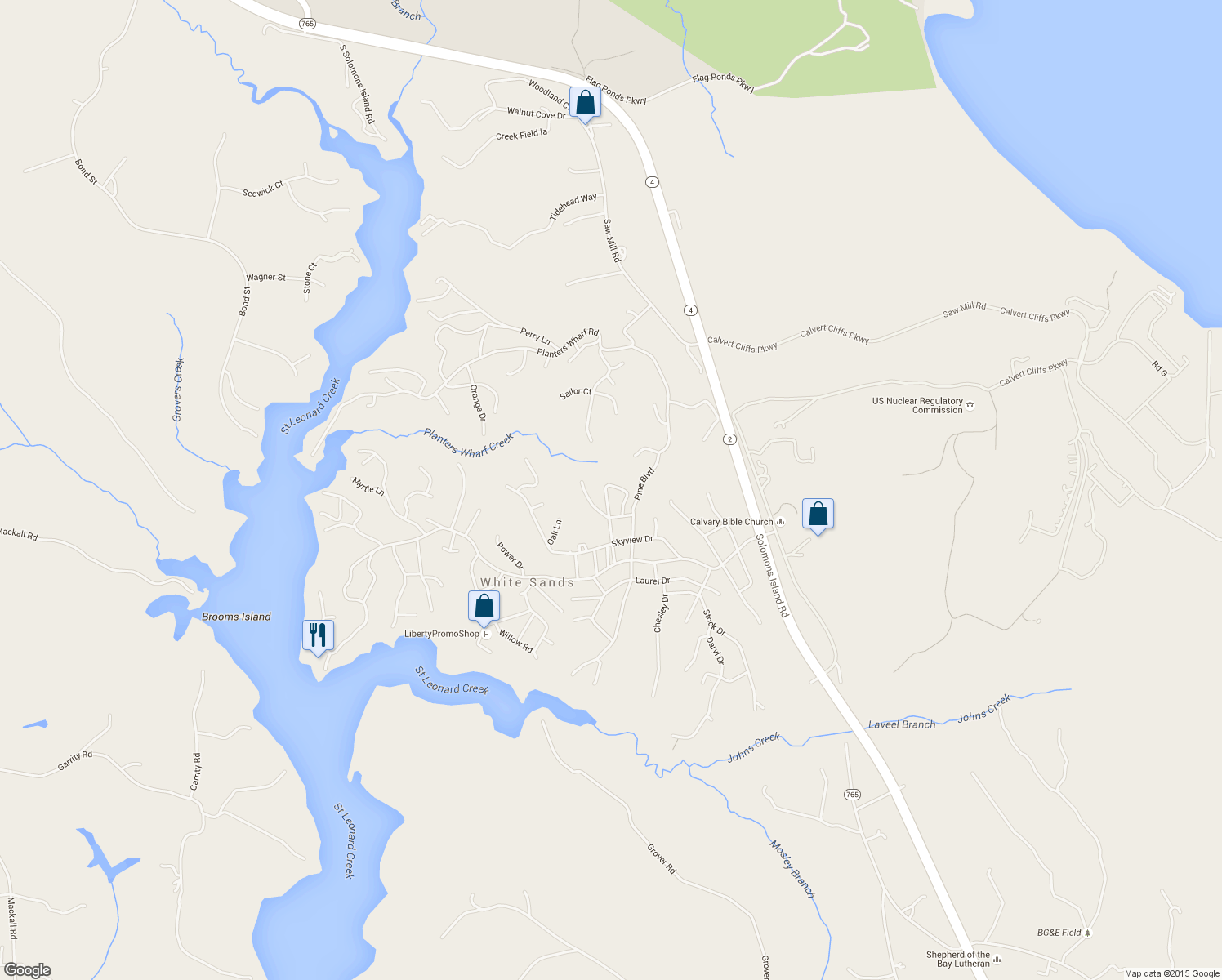 map of restaurants, bars, coffee shops, grocery stores, and more near 8042 Cardinal Circle in Lusby