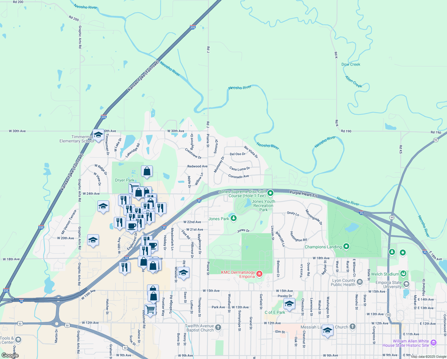 map of restaurants, bars, coffee shops, grocery stores, and more near 2526 Loma Vista Dr in Emporia