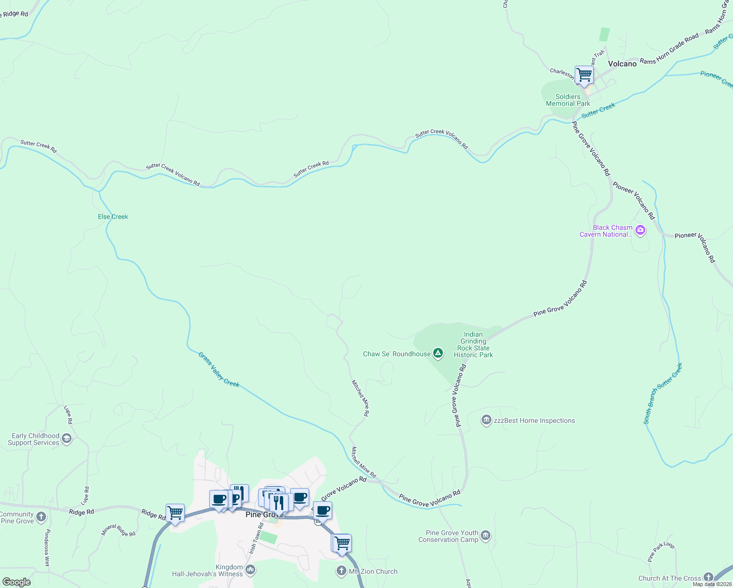 map of restaurants, bars, coffee shops, grocery stores, and more near 15221 Mitchell Mine Road in Pine Grove
