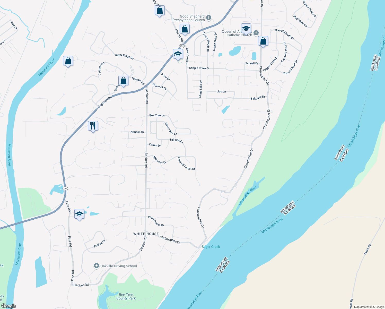 map of restaurants, bars, coffee shops, grocery stores, and more near 2711 Meramar Drive in Saint Louis