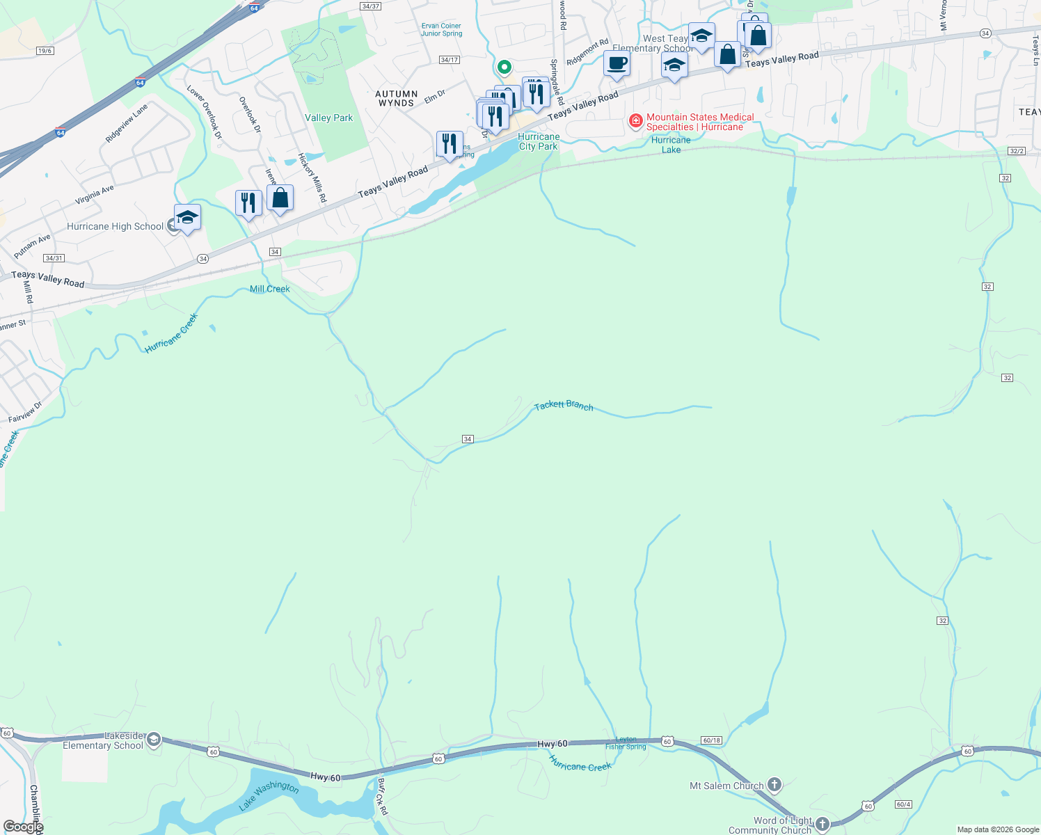 map of restaurants, bars, coffee shops, grocery stores, and more near 1310 Tackett Branch Road in Hurricane