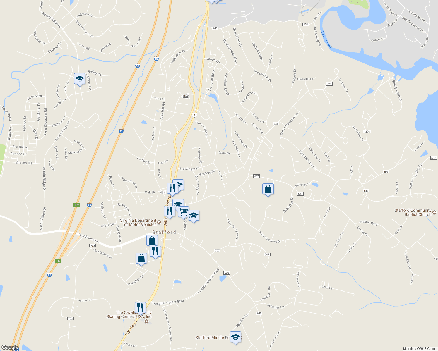 map of restaurants, bars, coffee shops, grocery stores, and more near 39 Club Drive in Stafford