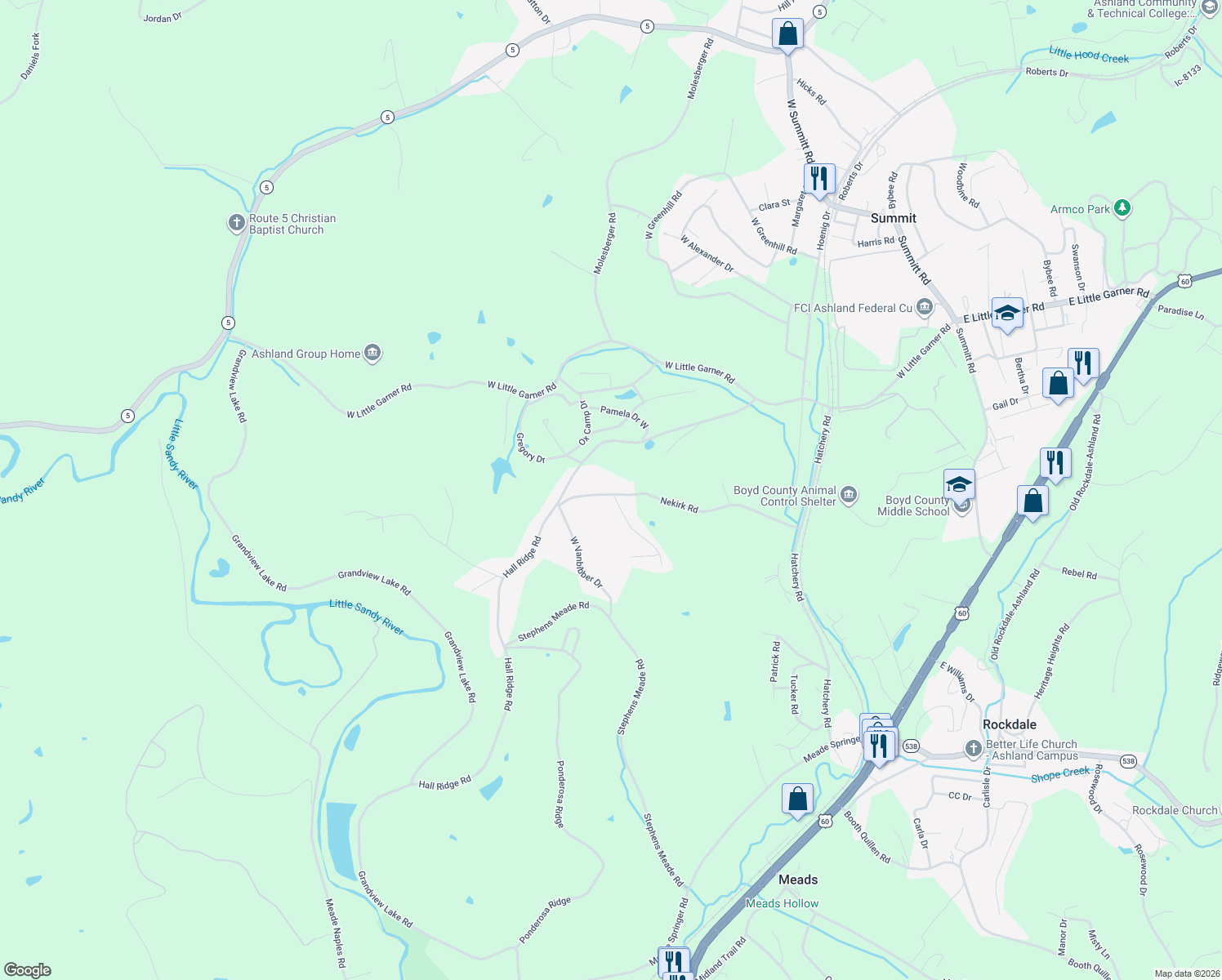 map of restaurants, bars, coffee shops, grocery stores, and more near 7317 Nekirk Road in Ashland
