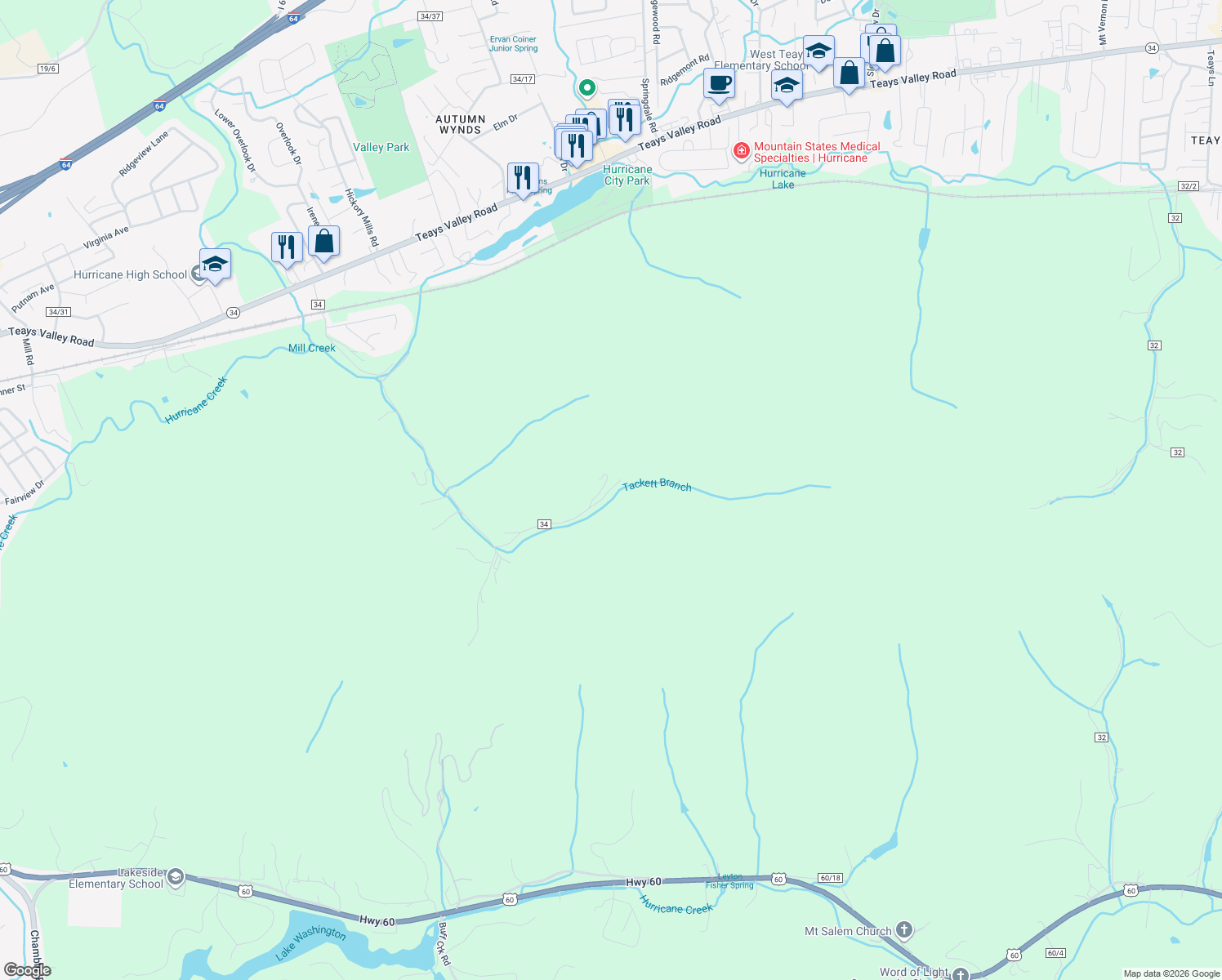 map of restaurants, bars, coffee shops, grocery stores, and more near 1310 Tacketts Branch Road in Hurricane
