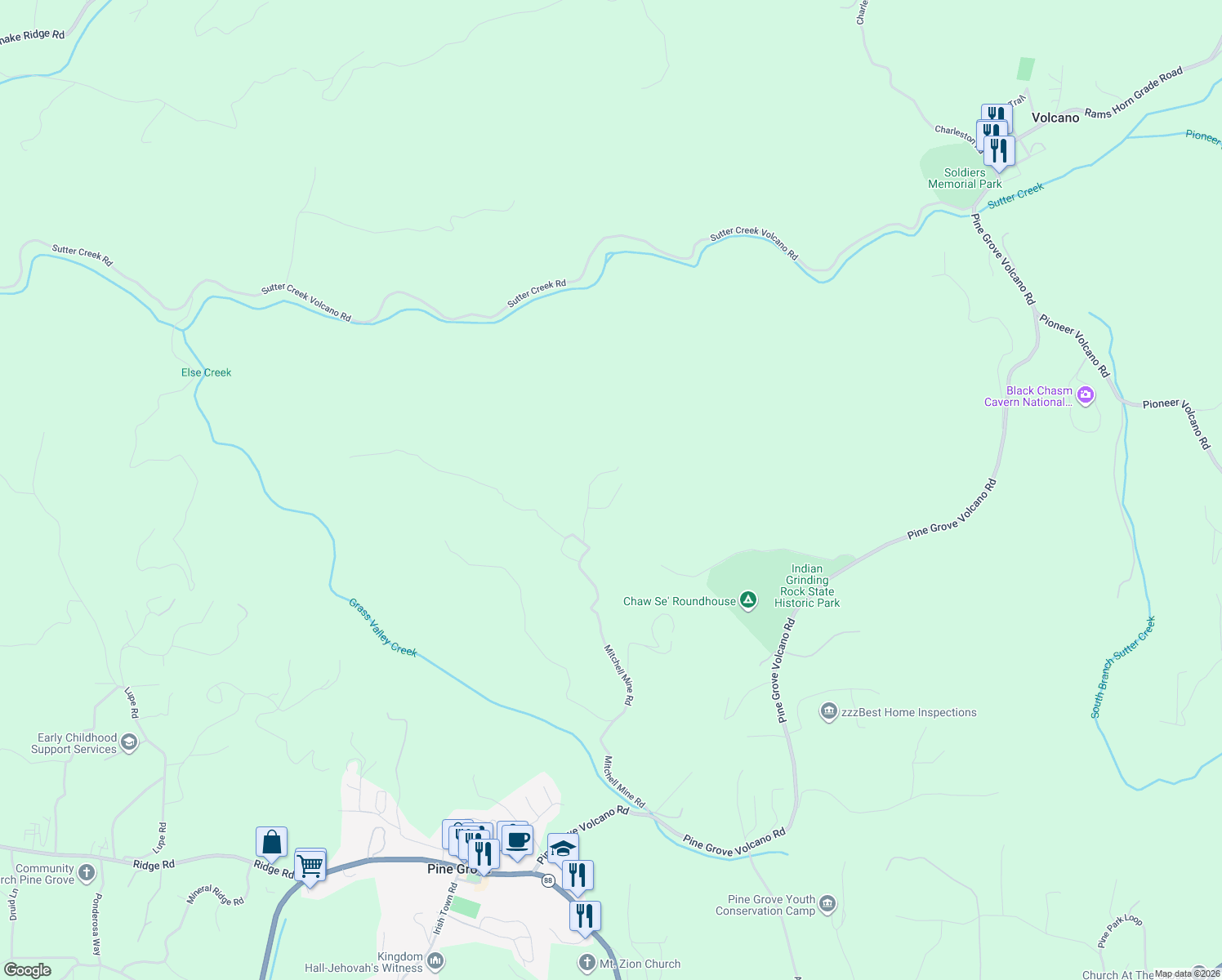 map of restaurants, bars, coffee shops, grocery stores, and more near 15221 Mitchell Mine Road in Pine Grove
