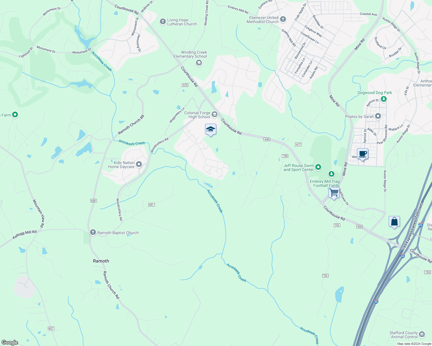 map of restaurants, bars, coffee shops, grocery stores, and more near 17 Flint Court in Stafford