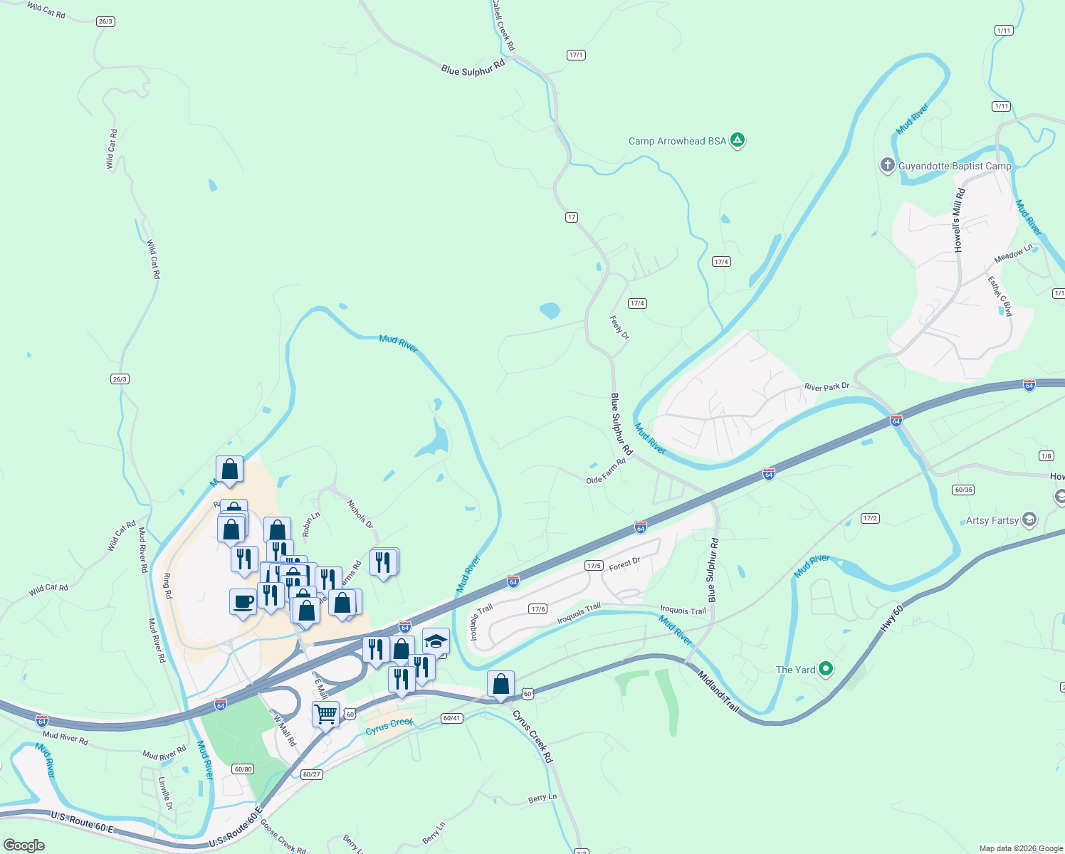 map of restaurants, bars, coffee shops, grocery stores, and more near 18 Quail Dr in Ona