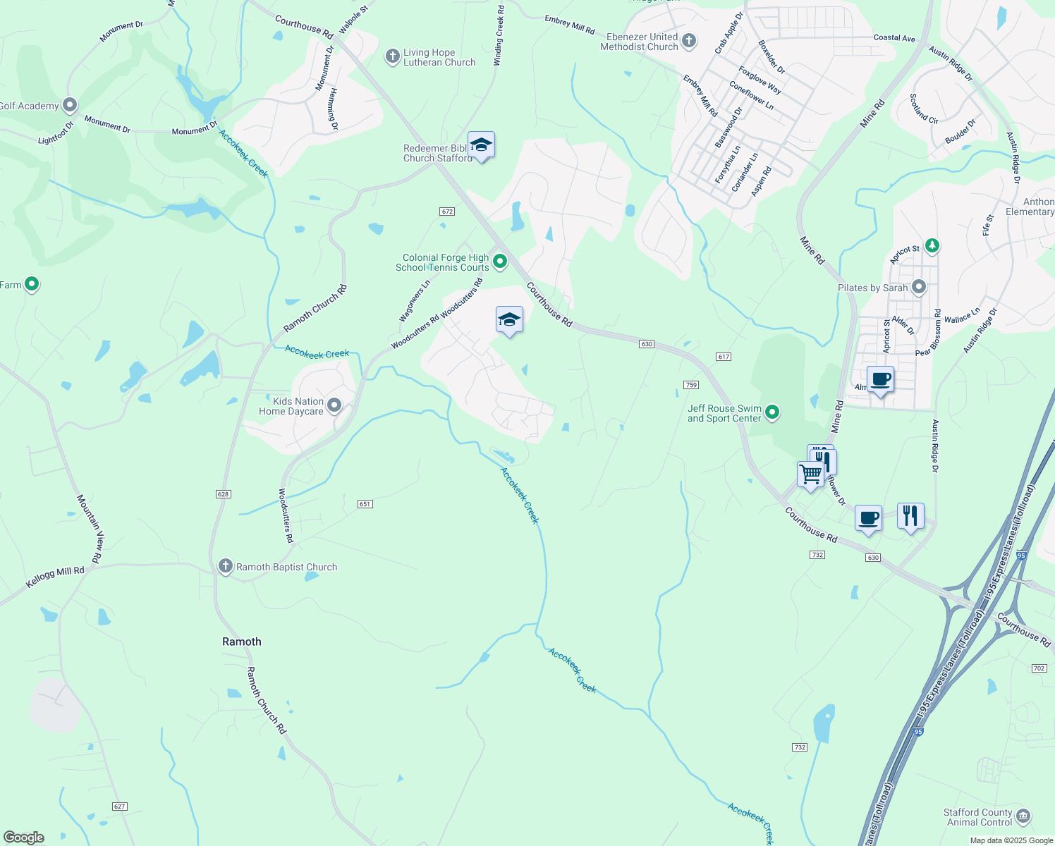 map of restaurants, bars, coffee shops, grocery stores, and more near 7 Flint Court in Stafford