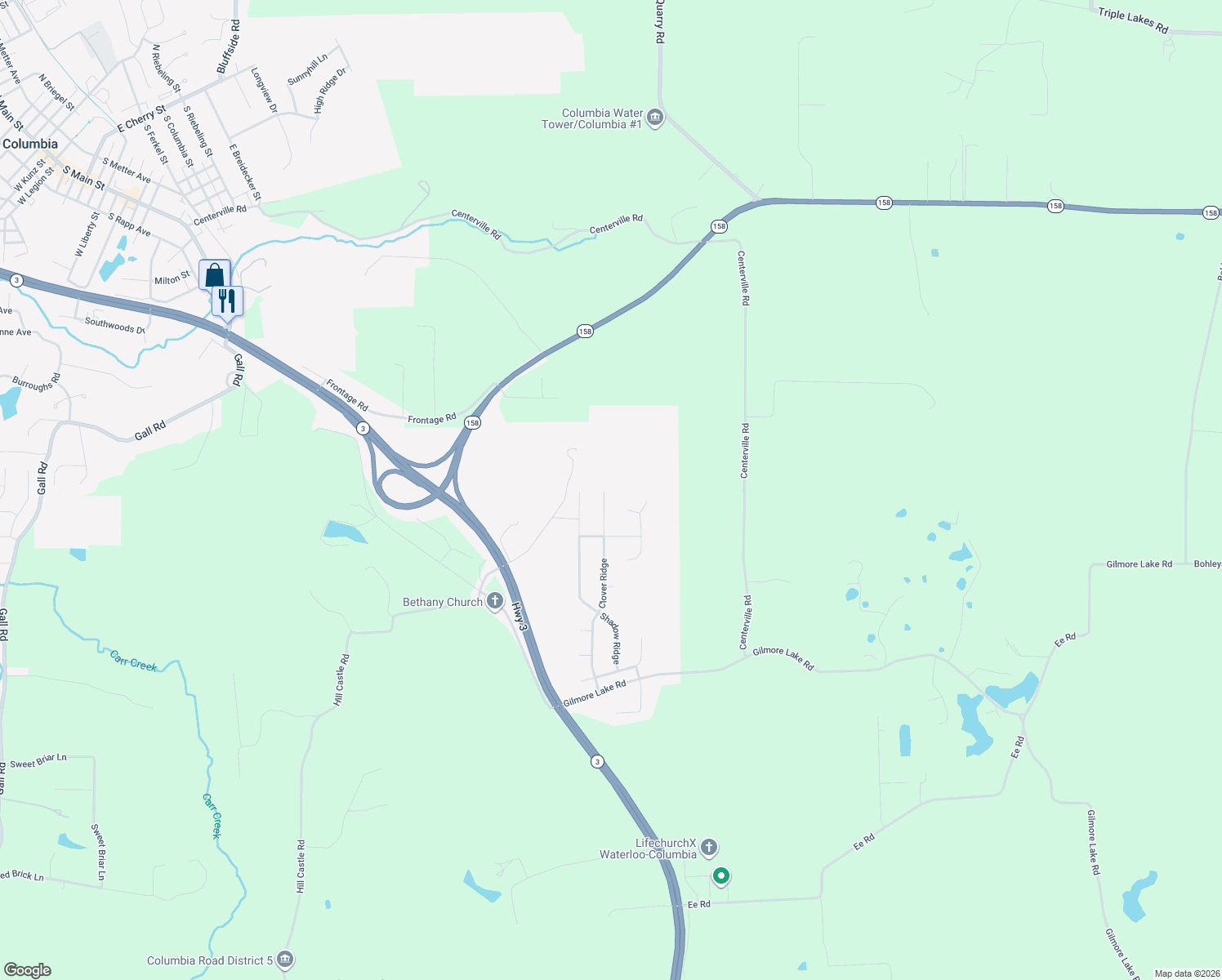 map of restaurants, bars, coffee shops, grocery stores, and more near 1500 Clover Ridge in Columbia
