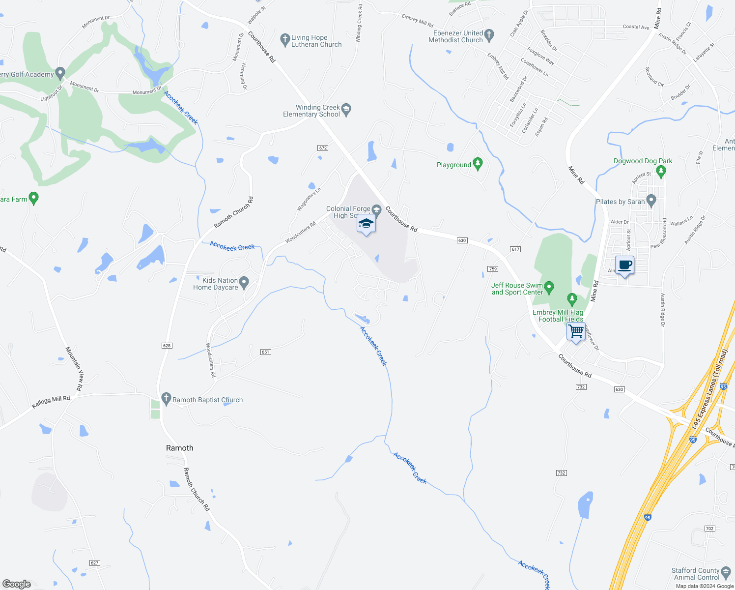 map of restaurants, bars, coffee shops, grocery stores, and more near 11 Beaumont Lane in Stafford